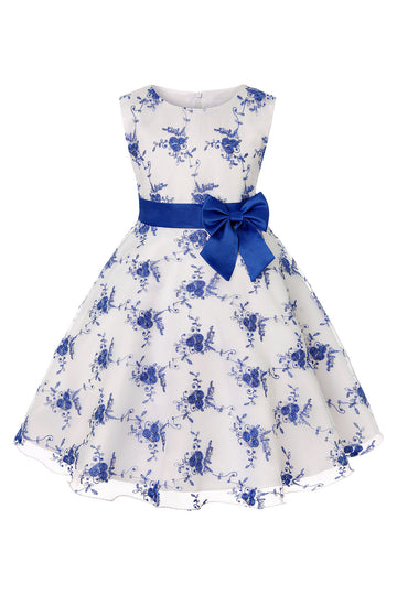 Azul Vestido de Menina Com Laço Renda